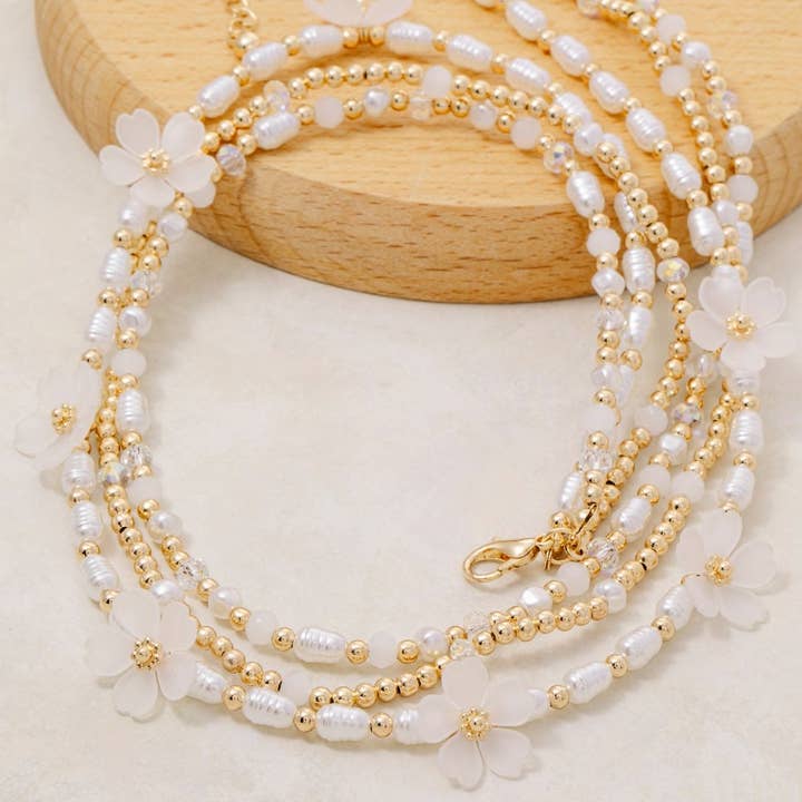 Station Flower Charms Layered Pearl Beaded Necklace for wholesale by The Looks by Fame Accessories