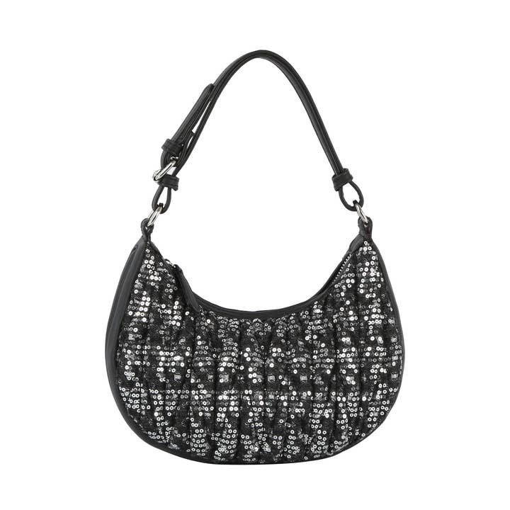 Quilted sequins denim shoulder bag for wholesale by Handbag Factory Corp