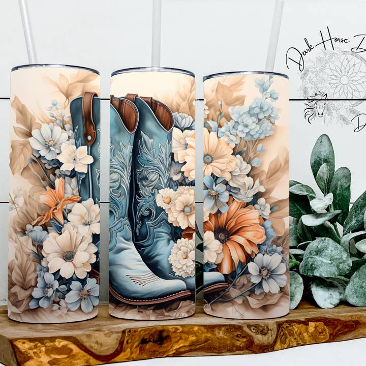 Boho Floral Cowboy/Cowgirl Boots Tumbler for wholesale by Dark Horse Dream Designs LLC