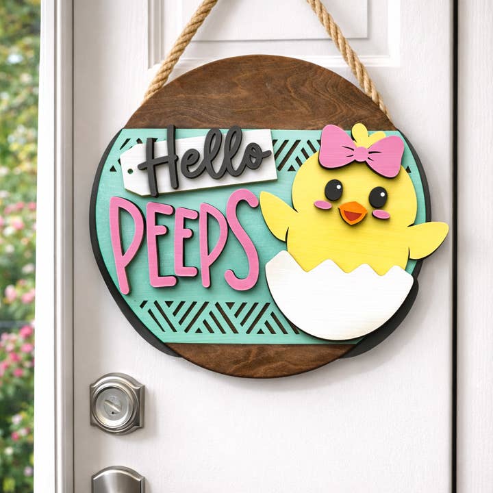 Hello Peeps - Easter Round Wood Door Hanger (14”) for wholesale by Creative Inspiration Design