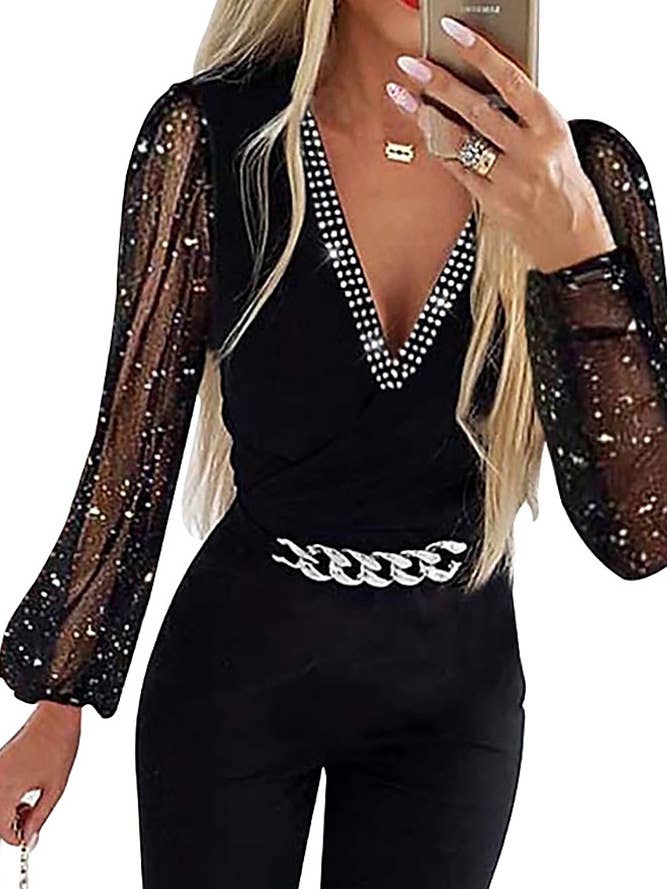 Black V Neck Sheer Sleeves Jumpsuit KX095 for wholesale on Faire