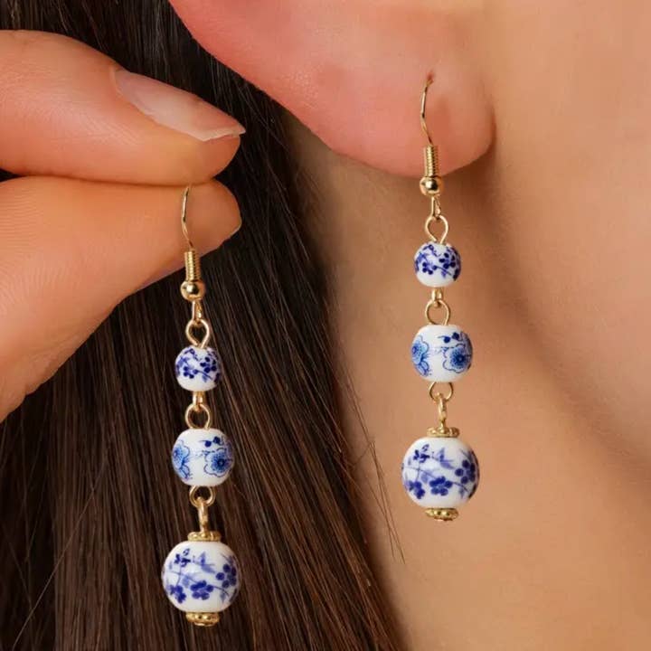 14K Gold Blue & White Porcelain Earrings • Chinese Vintage for wholesale by Everly Yours