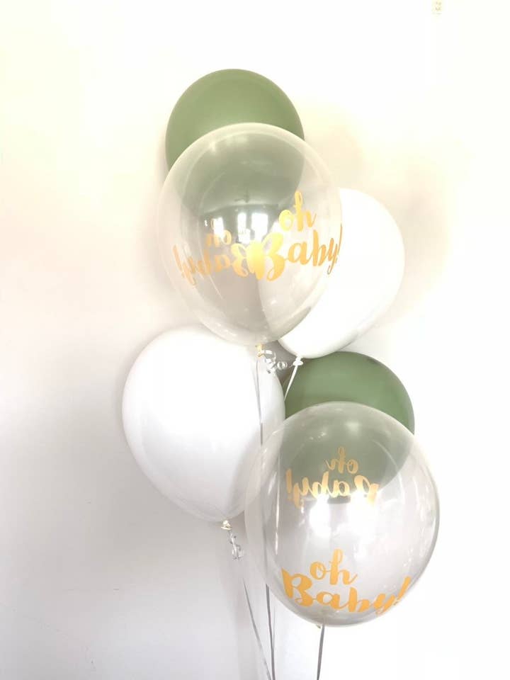 Green and White oh Baby Balloons | Set of 6 Latex Balloons for wholesale by Hullaballoons