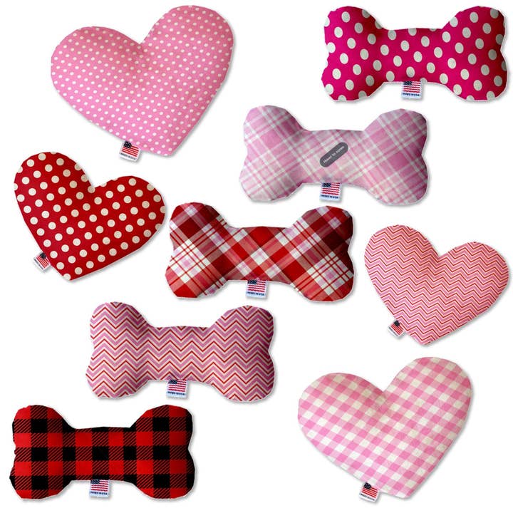 Pet and Dog Plush Heart or Bone Toy, "Valentine's Day Plaids, Dots & Chevron Group" for wholesale by American Leashworks