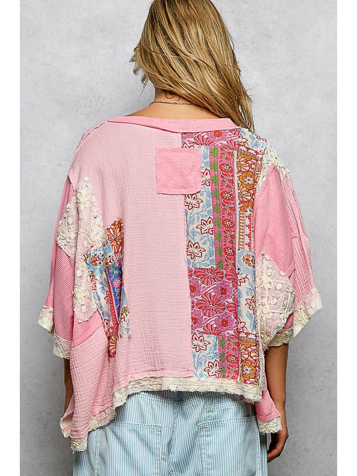 Pol Clothing - Wholesale Blouse - Women's - Round Neck Double Gauze Floral Woven Top23