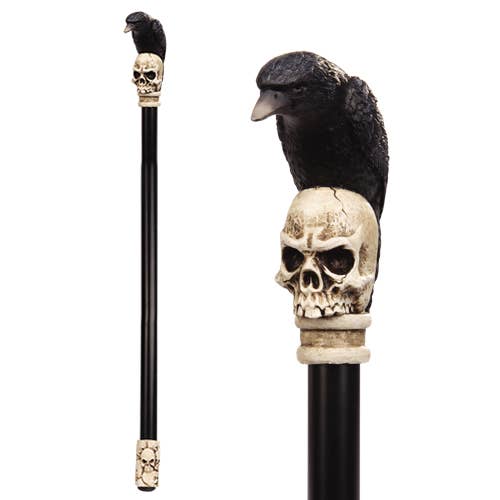 Pacific Trading - Wholesale Decorative Tabletop Object - Decorative Costume Walking Cane - Raven on Skull