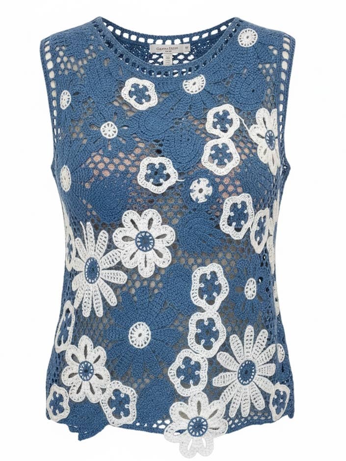 WF2719 DENIM CROCHET EFFECT FLOWER TANK TOP for wholesale by Malissa J Collection