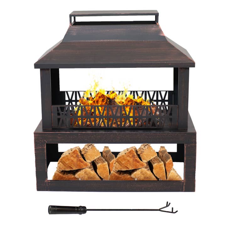 Sunnydaze Decor - Wholesale Fire Pit - 32 in Steel Outdoor Fireplace with Log Storage - Bronze12