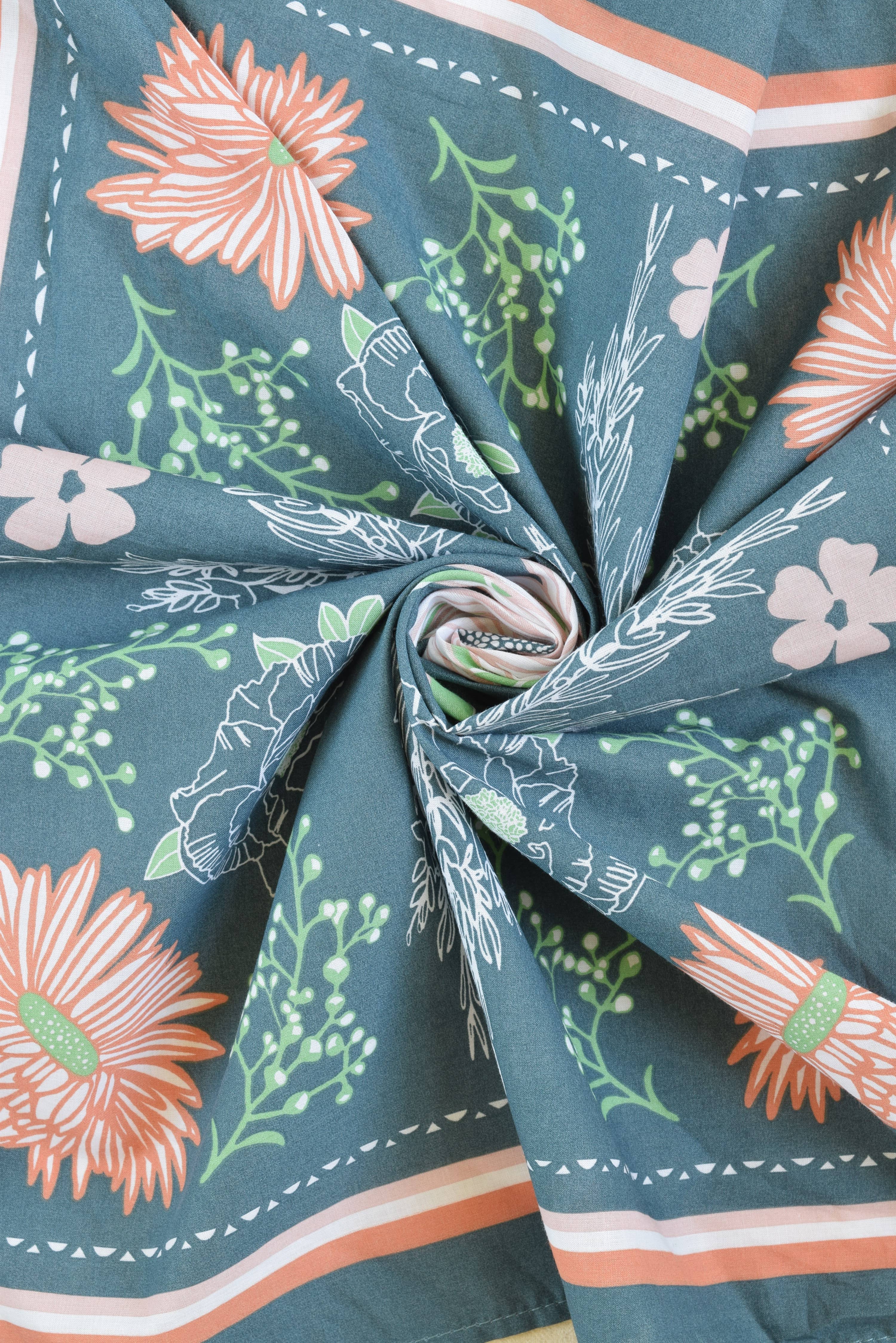 Hearth and Harrow - Wholesale Bandana - Unisex - Calendula Blossom Bandana - 100% Cotton - Hand Printed Blue3