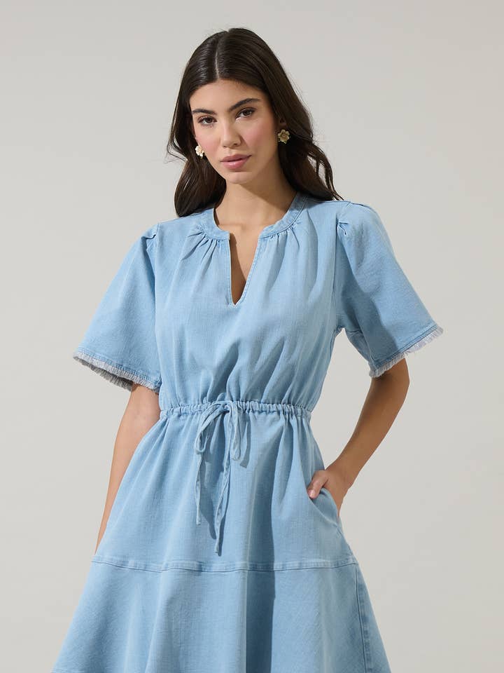 Gabriella Denim Nimmy Fringe Mini Dress for wholesale by Sugarlips