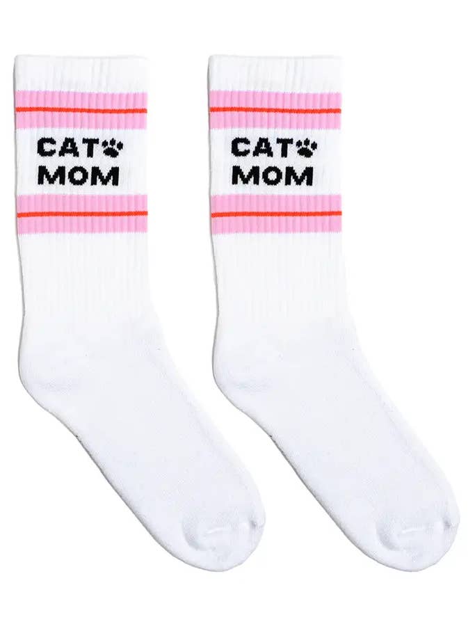 Classic Crew Socks w/ Ribbed Tubing - "Cat Mom" - White for wholesale by Living Royal