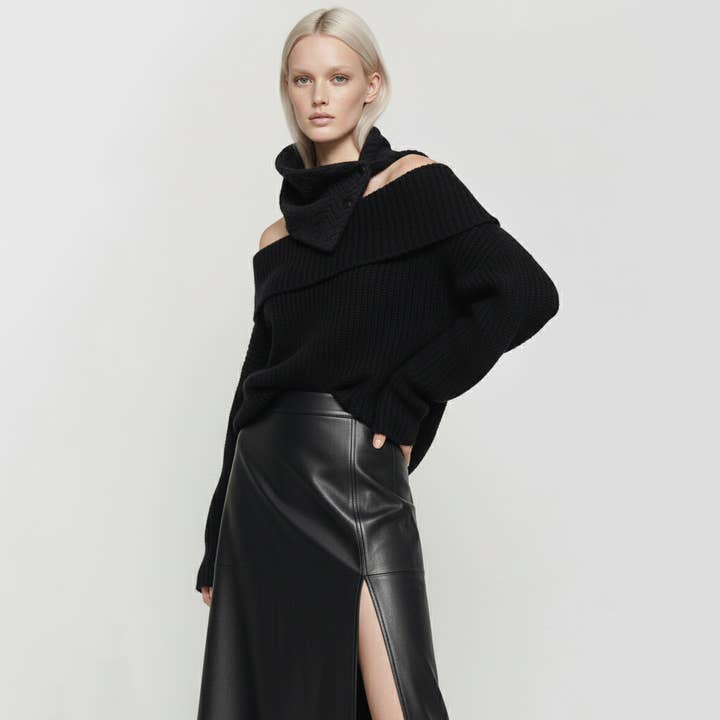 Black Textured Mini Snap Cowl for wholesale by Sumie Tachibana