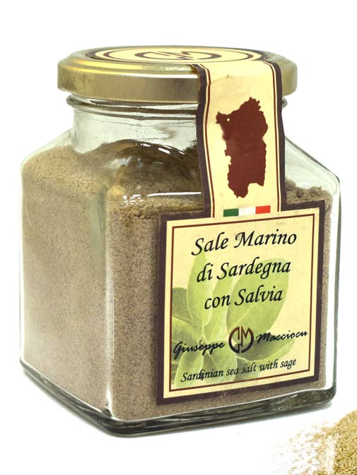 Sardijns zeezout met gemalen salie 210gr Pot metaal afgedekt voor wholesale door Giuseppe Macciocu