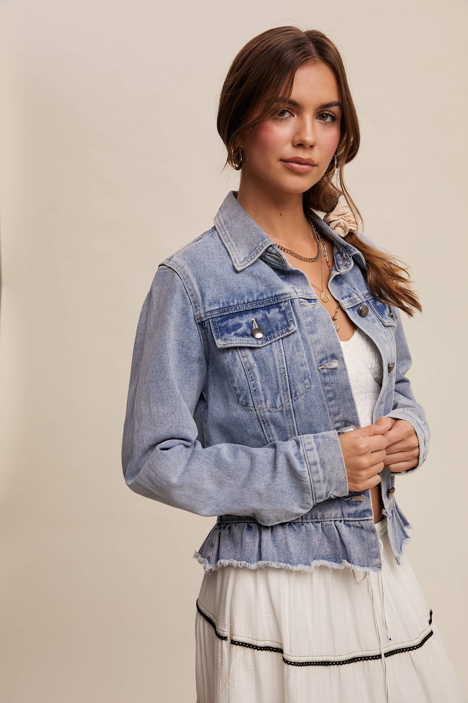 Listicle - Wholesale Denim Jacket - Women's - Ruffled Hem Denim Jacket LJ02368