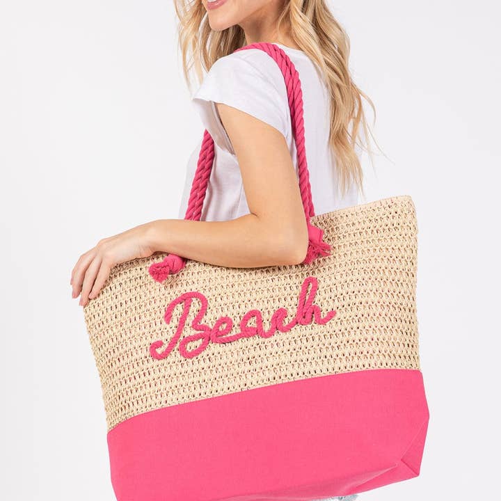 MiMi Wholesale - Wholesale Beach Bag - MB0266 Sewn Rope Beach Letter Color Straw Tote Bag