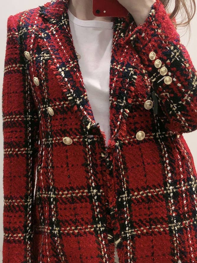 Red Plaid Button Raw Hem Suit Coat ZZKF399 for wholesale by UNISHE