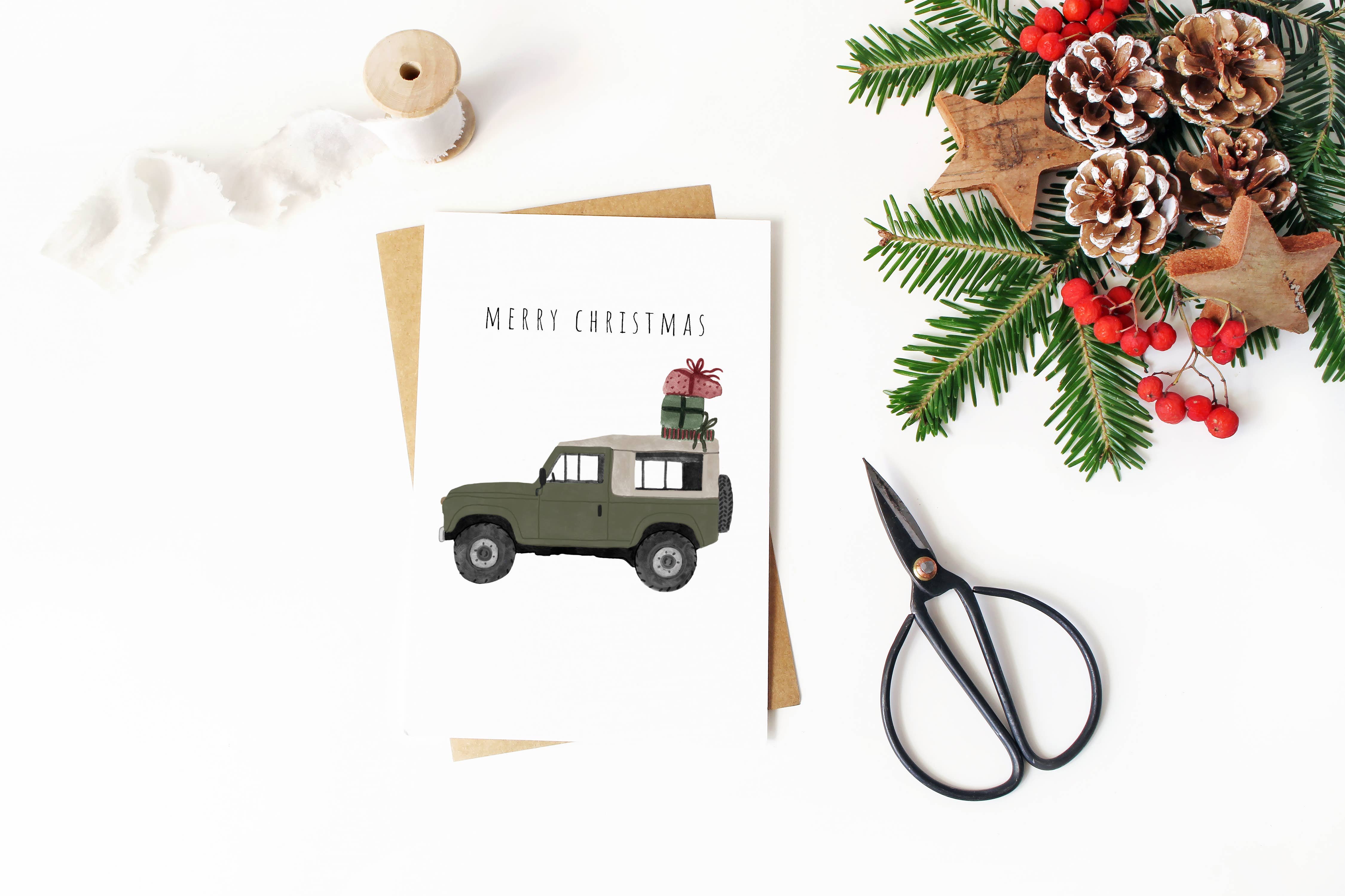 HeatherLucyJ Design - Wholesale Christmas Card - Green Land Rover Christmas Card2