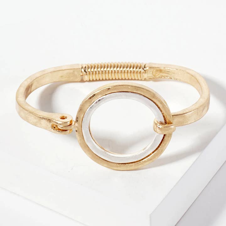 Wild Honey - Wholesale Bangle Bracelet - Hammered Dual-Tone Circle Hook Hinge Bracelet