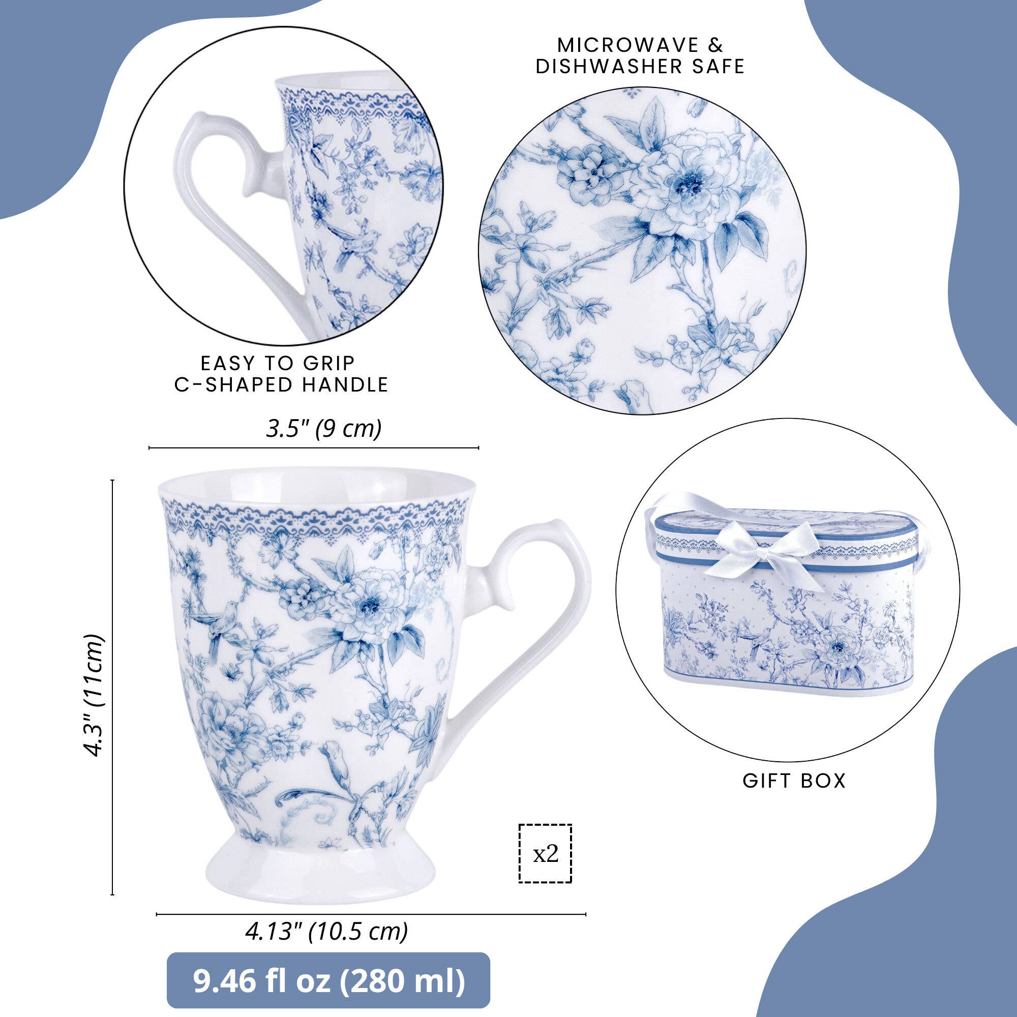 STP - Vente Tasse à café - Ensemble de 2 tasses à thé/café en porcelaine fine à fleurs bleues avec boîte cadeau1