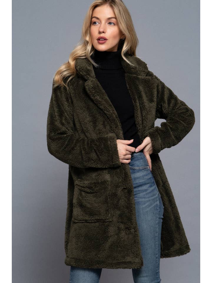 42POPS - Wholesale Fur/Faux Fur Coat - Women's - ",,,.._ SI-25174 Notched Collar Patch Pocket Sherpa Coat