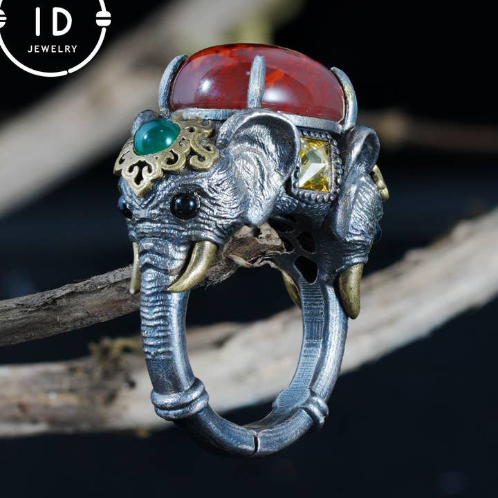 Anel Elefante Ajustável em Prata 925 com Ágata Vermelha e Pedras Verdes, Joia com Símbolo de Animal em Estilo Totem, Presente Espiritual para Ela por atacado de idjewelry