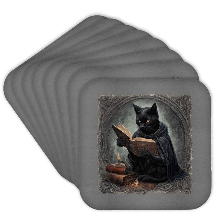 3dRose, A Black Cat Wearing A Cloak Studying Halloween Spells, Coaster for wholesale by 3dRose