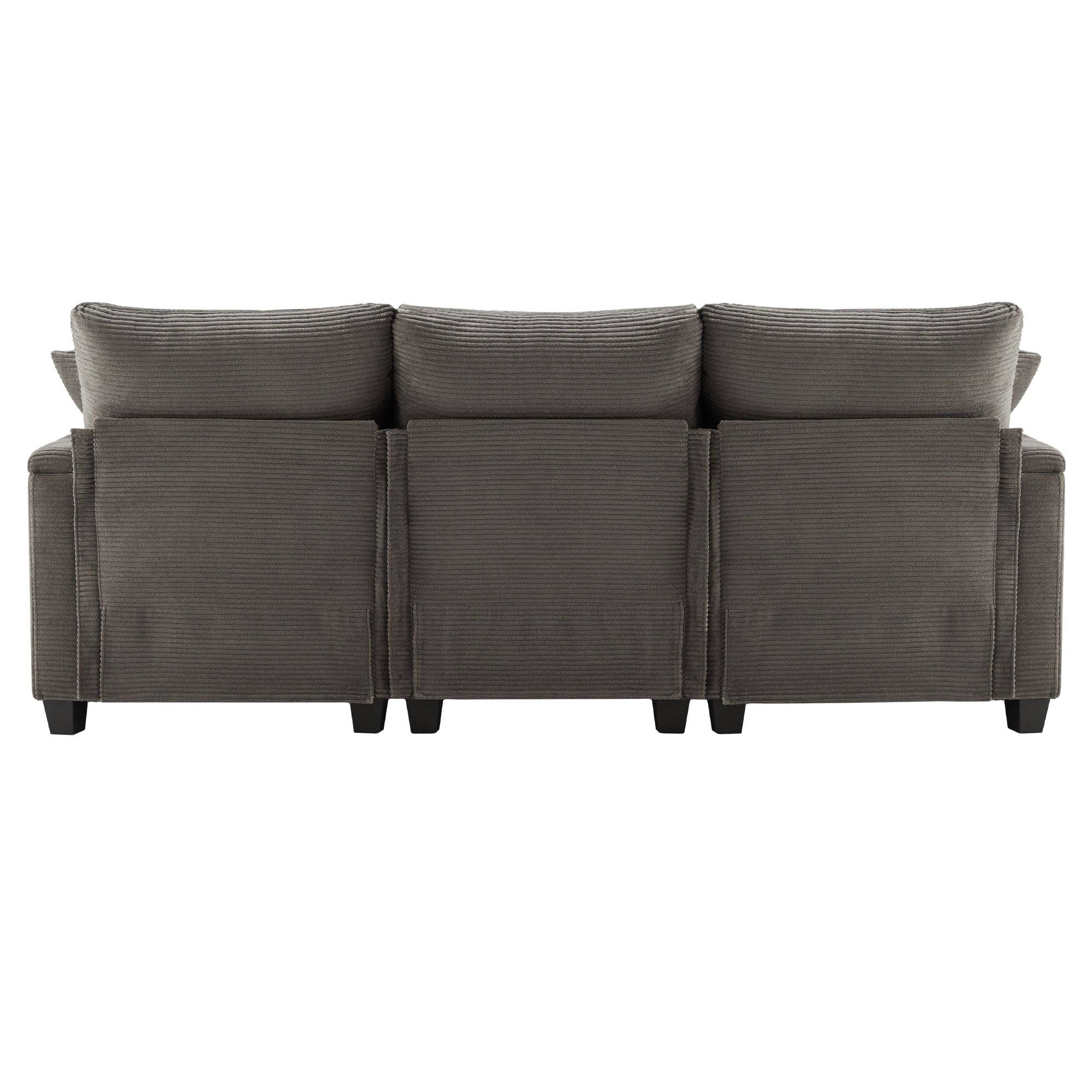 Urban Meuble - Wholesale Bank - Modulaire hoekbank in grijze ribfluweel, 3-4 zitplaatsen met afneembare poef, USB-poorten en bekerhouders GEYSERFOUNT22