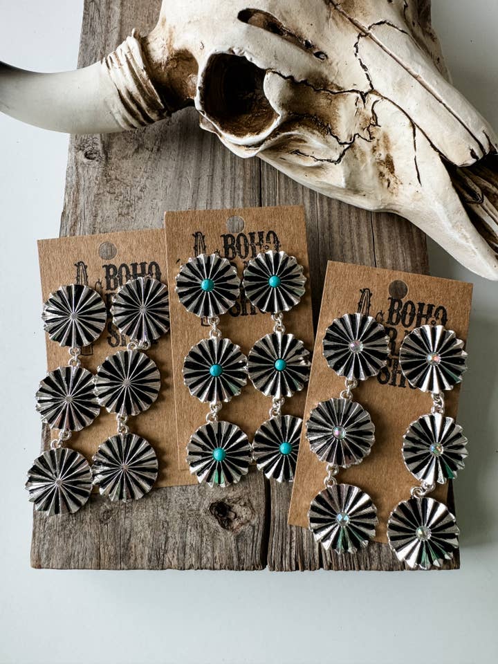 Western Concho Drop Dangle Earrings for wholesale by Boho Ranch Shop