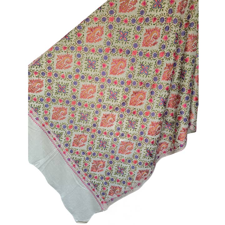 Rena Lina - Wholesale Wrap – Women's - Beige Embroidered Sonzi Floral Pashmina Shawl