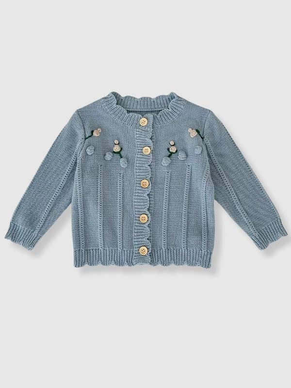 100% Cotton Knit Sweater Cardigan with Floral Embroidery - Blue for wholesale by Bleu & Co
