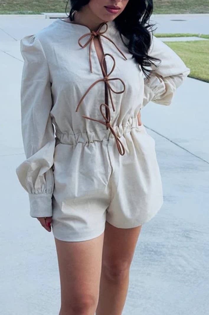 Rosa Clothing - Wholesale Romper - Women's - contrast bow tie front closure long sleeve romper19