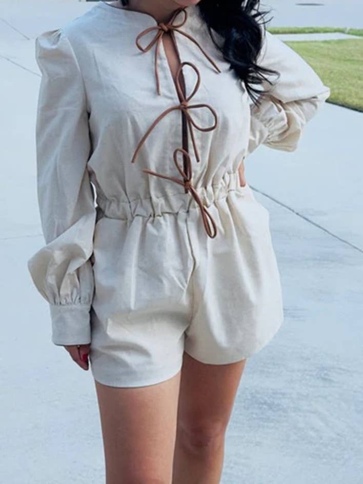Rosa Clothing - Wholesale Romper - Women's - contrast bow tie front closure long sleeve romper19