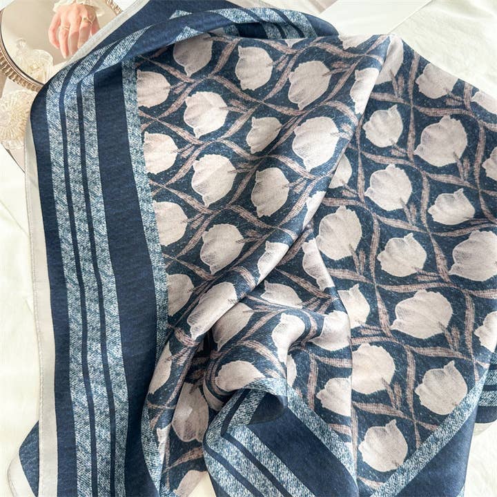 SueSilkHK – wholesale Scarf – Women's – 65cm Blue Lily of the Valley Mulberry Silk Scarf – Elegant Square Silk Shawl for Women, Fresh & Versatile Accessory9