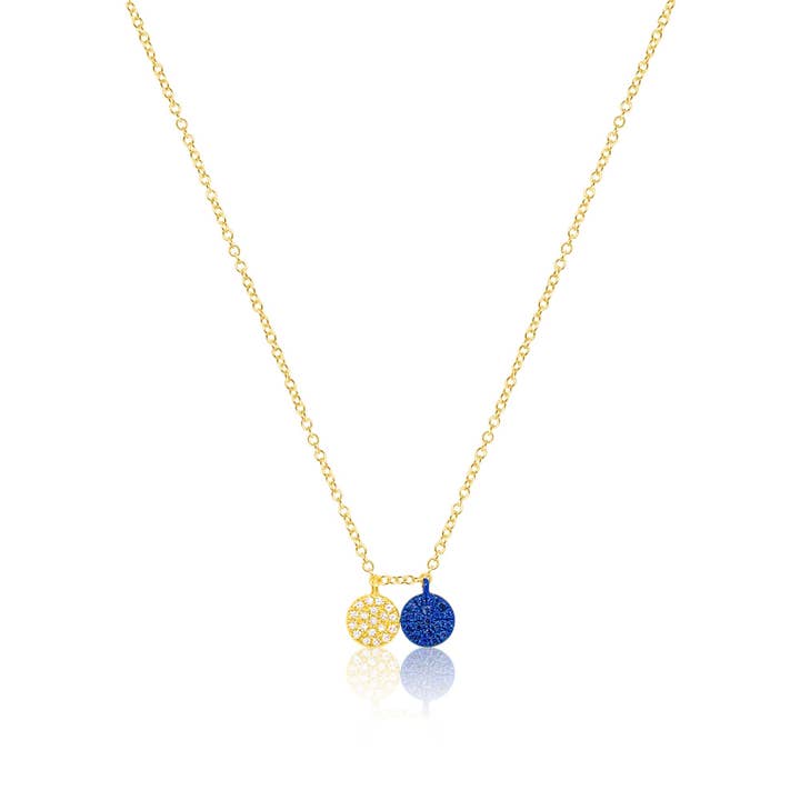 Collier en or jaune 14 carats avec disque en rhodium bleu et diamant pour la vente par Meira T