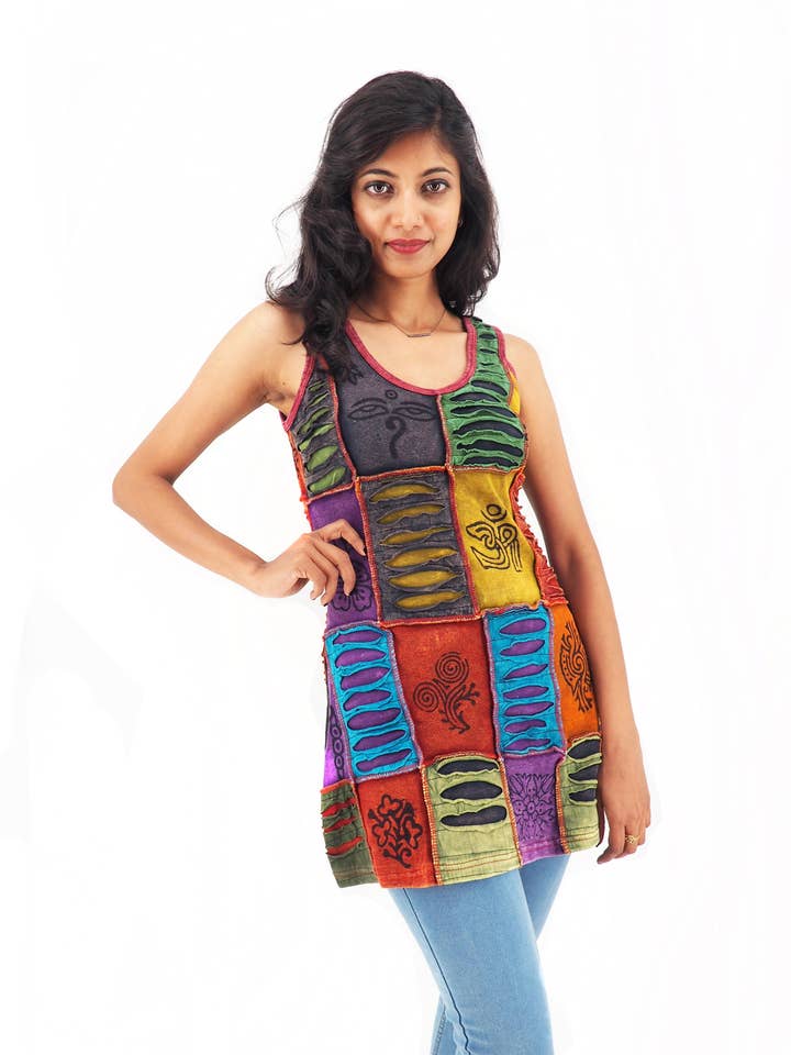 Handmade Patchwork Boho Tunic Top in Copper Mustard Tones for wholesale by Purple Boho