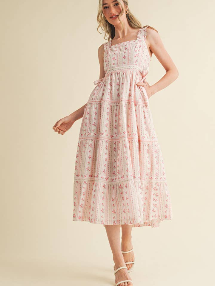 &MERCI - Vente Robe – femme - ROBE MIDI FLORALE À BRETELLES VOLANTÉES AVEC NŒUDS LATÉRAUX À NOUER MDR35863