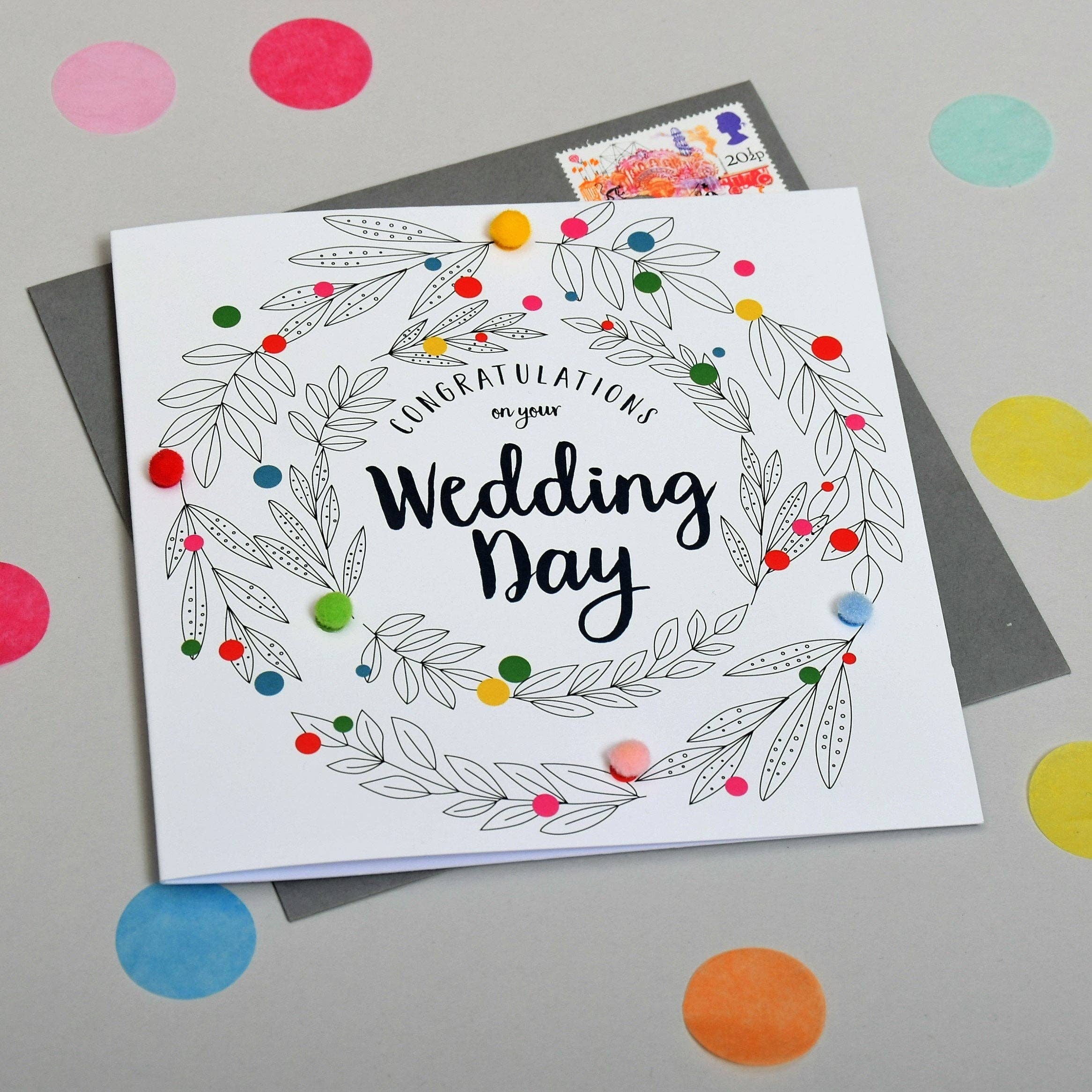Claire Giles Ltd – wholesale Wedding card – Wedding Card, Flowers, Congratulations, Embellished with colourful pompoms1