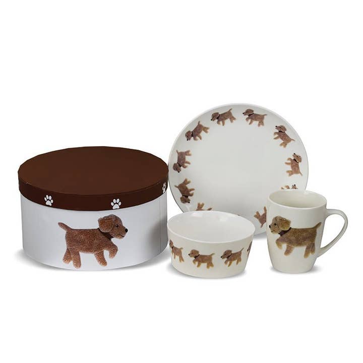 Conjunto de café da manhã de porcelana para crianças com tema de cachorro Bobby, 3 peças por atacado de Ziegfeld Kids