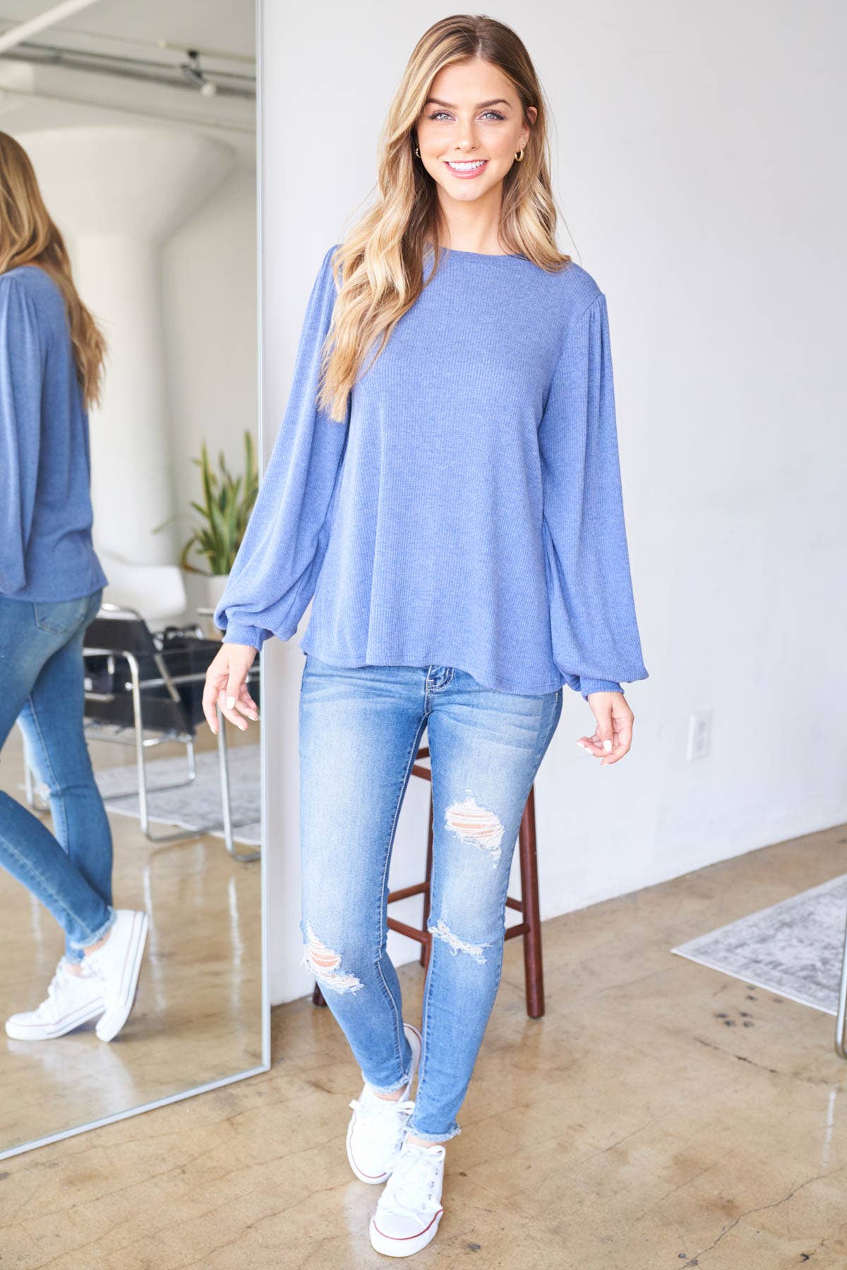 Navy PPT20533-NV-PUFF SLEEVE ROUND NECK BELLA RIB TOP for wholesale on Faire2