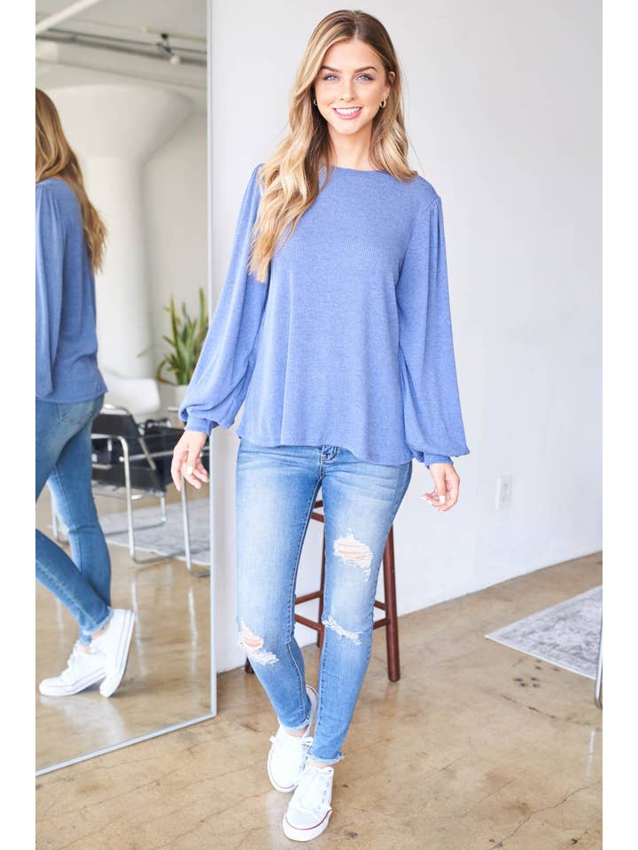 Navy PPT20533-NV-PUFF SLEEVE ROUND NECK BELLA RIB TOP for wholesale on Faire2