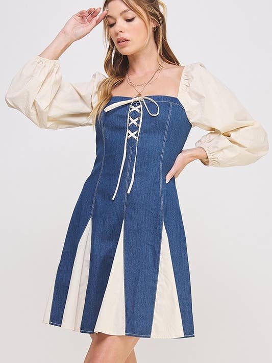 LONG SLEEVE 2-TONE LACE UP DENIM FLONCE DRESS for wholesale by JADE BY JANE