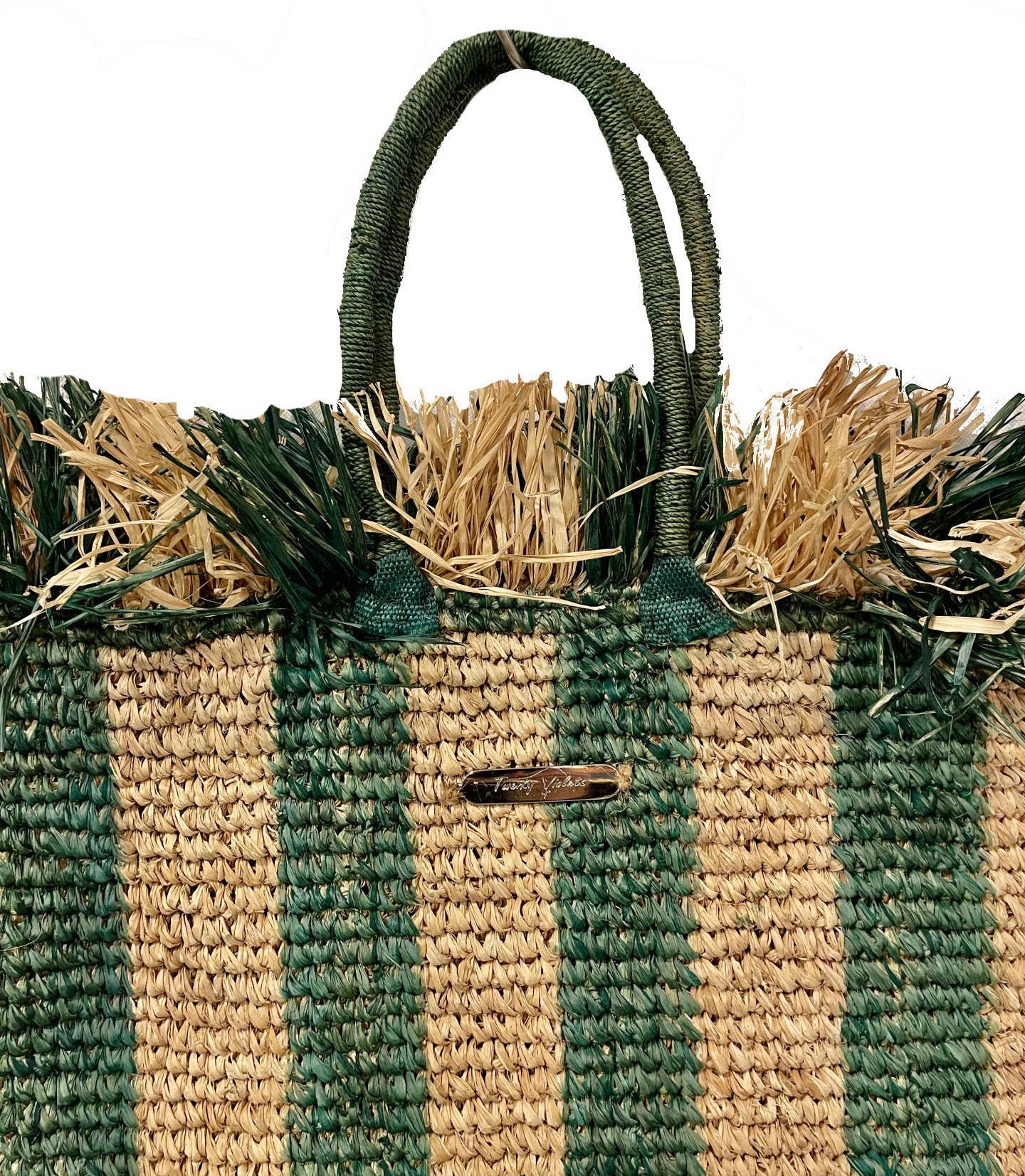 Twenty Violets - Vente Sac de plage - Sac à main rayé vert en raphia naturel recyclé2