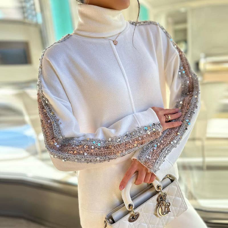 white Sequin detail knit sleeve patchwork Turtleneck 2 piece set for wholesale on Faire3