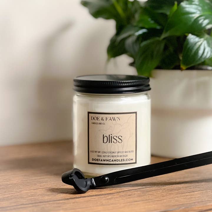 BLISS / 8 oz. Clear jar w/ black lid for wholesale by Doe & Fawn Candles and Co.