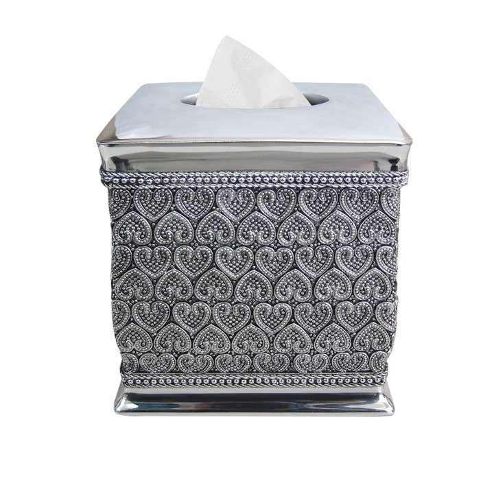 Beaded Heart Tissue Box in Moulded Metallic Resin & Metal for wholesale by nu steel
