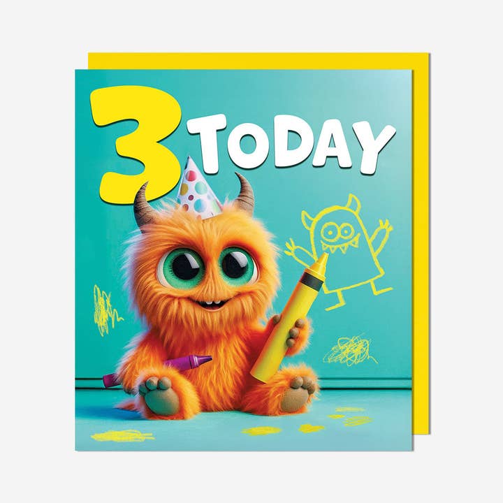 Orange Monster With Crayon 3rd Birthday Card for wholesale by Pigment Productions Ltd