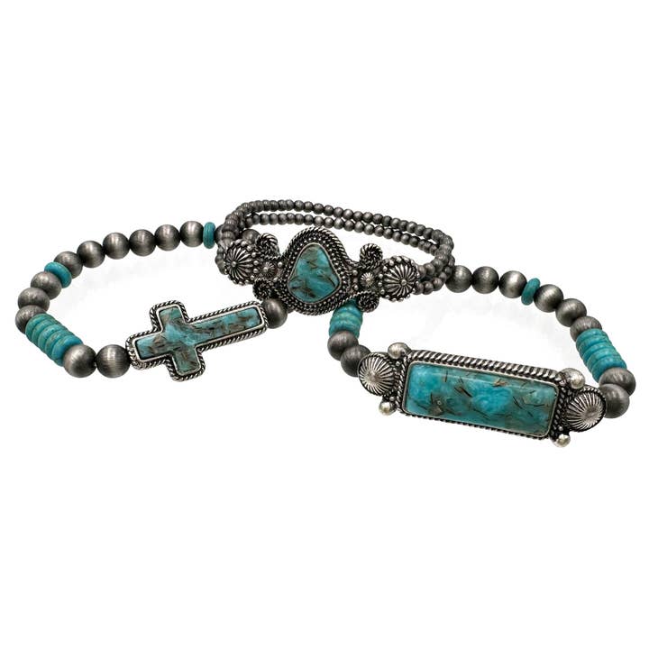 Lunar Deer - Wholesale Jewelry Set - Western Turquoise Stone and Cross Three Piece Navajo Beads Bracelet