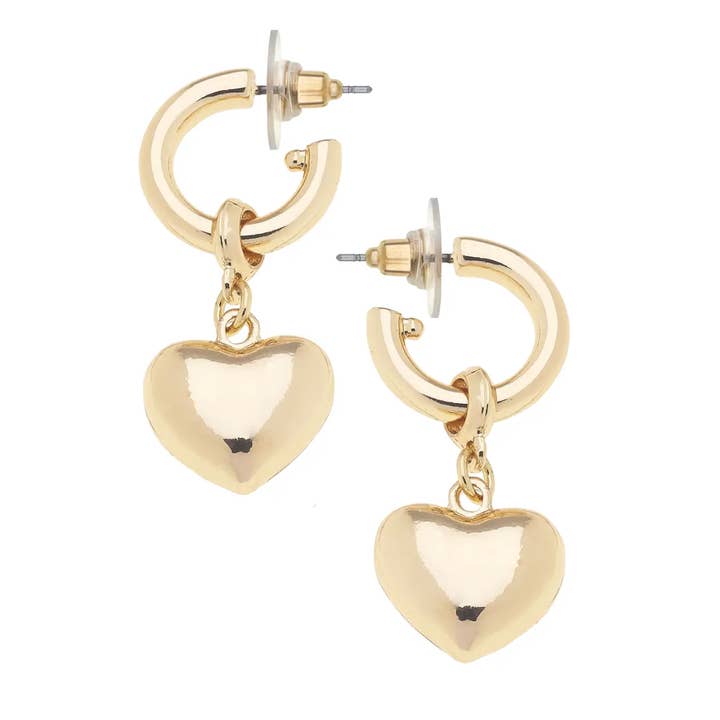 Hannah Puffed Heart Drop Hoop Earrings in Shiny Gold for wholesale by Canvas Style