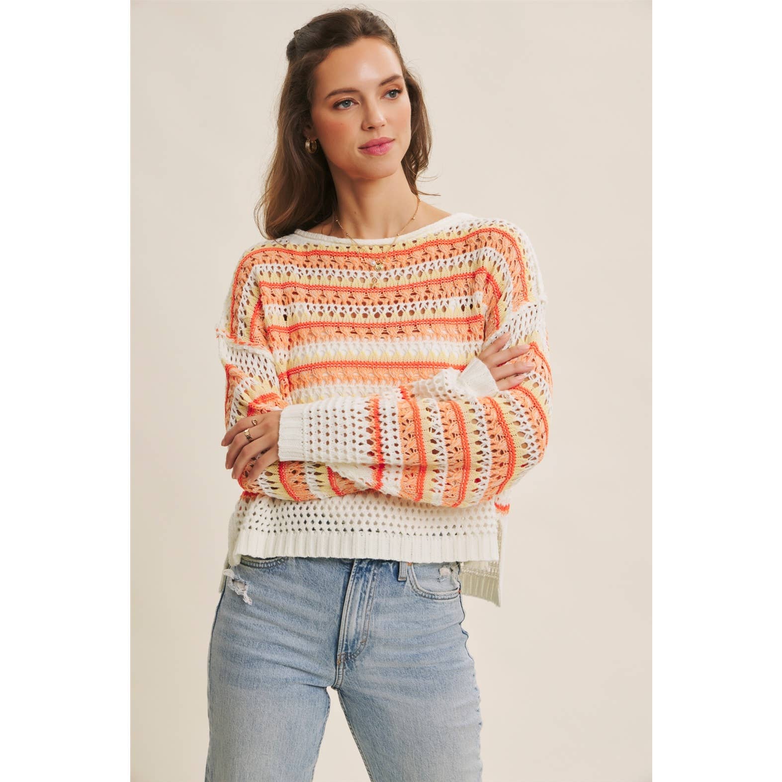 in february - Wholesale Knit Sweater - Women's - BRIGHT VIBRANT MULTI STRIPE LOOSE FIT CROCHET SWEATER TOP2
