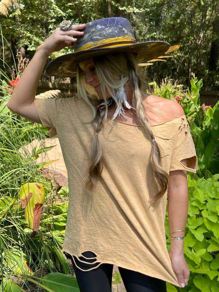 A Rare Bird Shop - Wholesale Tunic - Women's - Mustard Washed Distressed Ripped Shirt